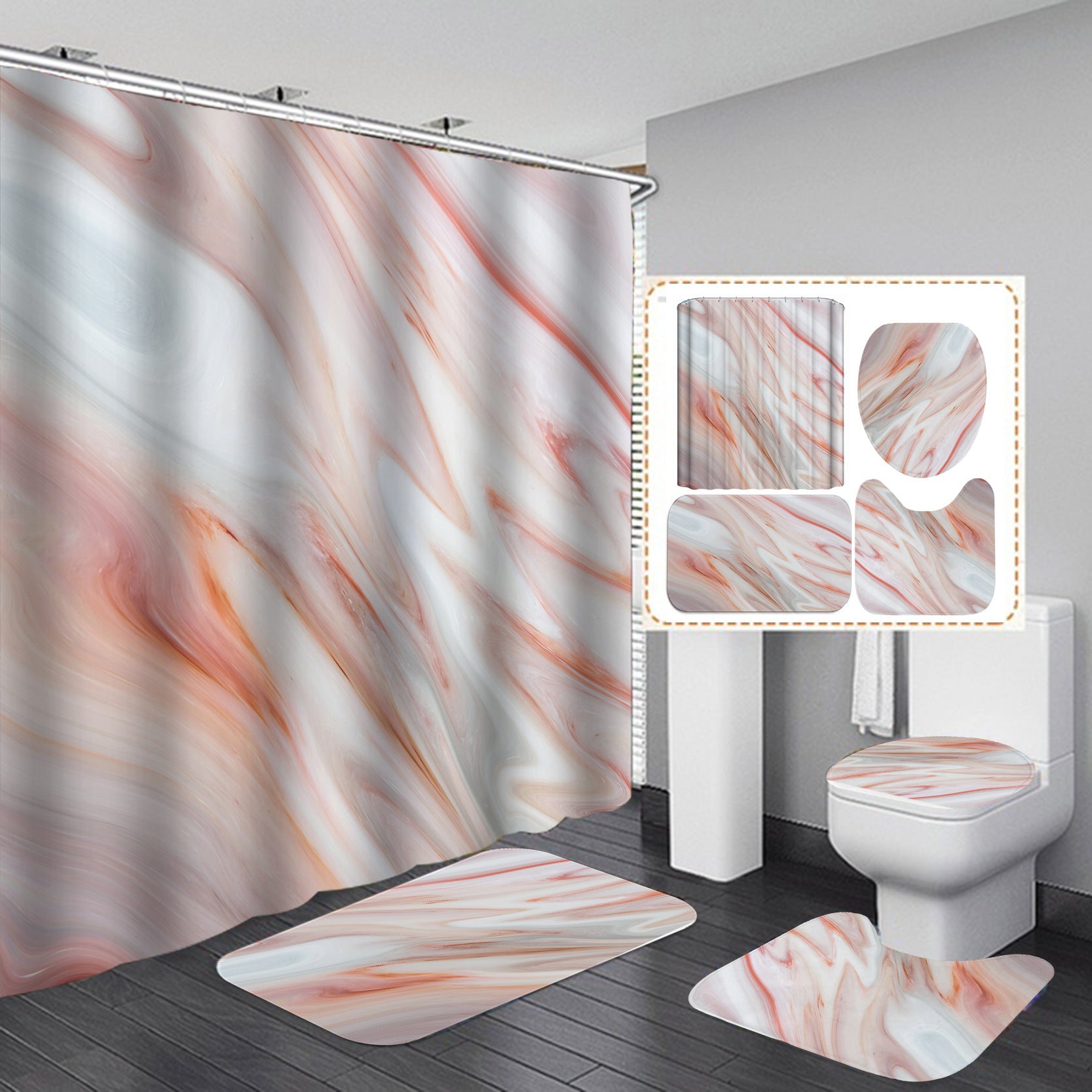 Marble White Shower Curtain Set With Non Slip Rug Bath Mat Carpet Modern Bathroom