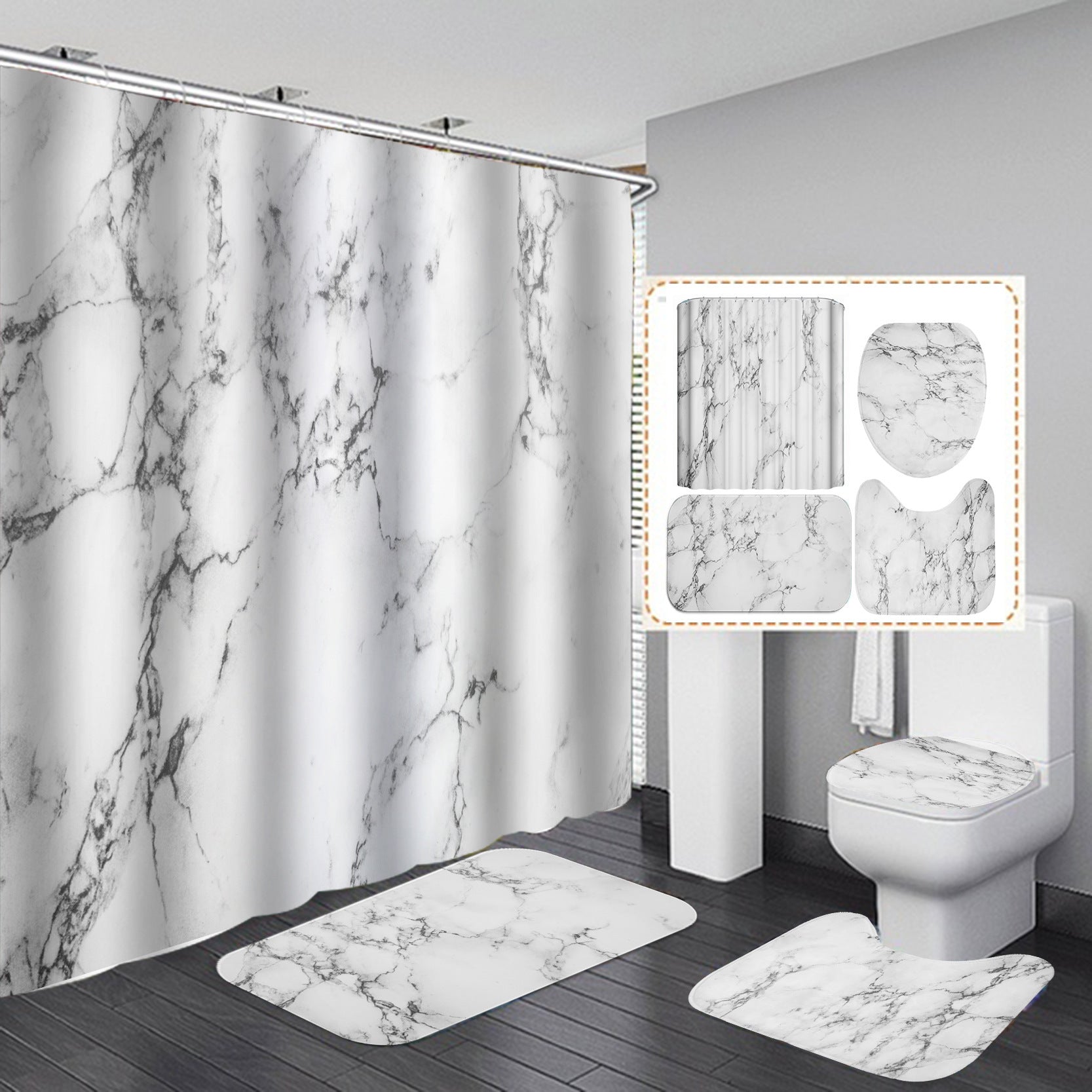 Marble White Shower Curtain Set With Non Slip Rug Bath Mat Carpet Modern Bathroom