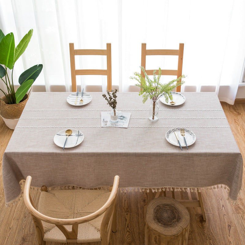 Striped Fabric Dining Room Cotton Linen Embroidered Tassel Tablecloth